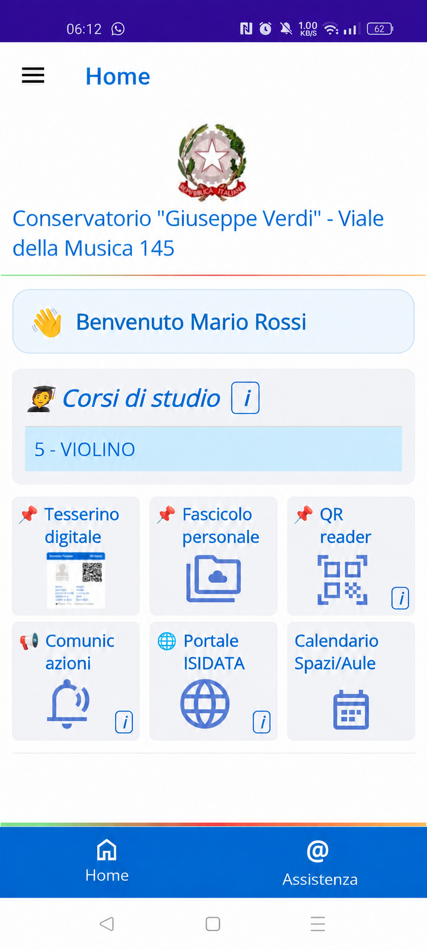 Student Card: schermata Home con corsi di studio, tesserino digitale, fascicolo personale e servizi agli studenti